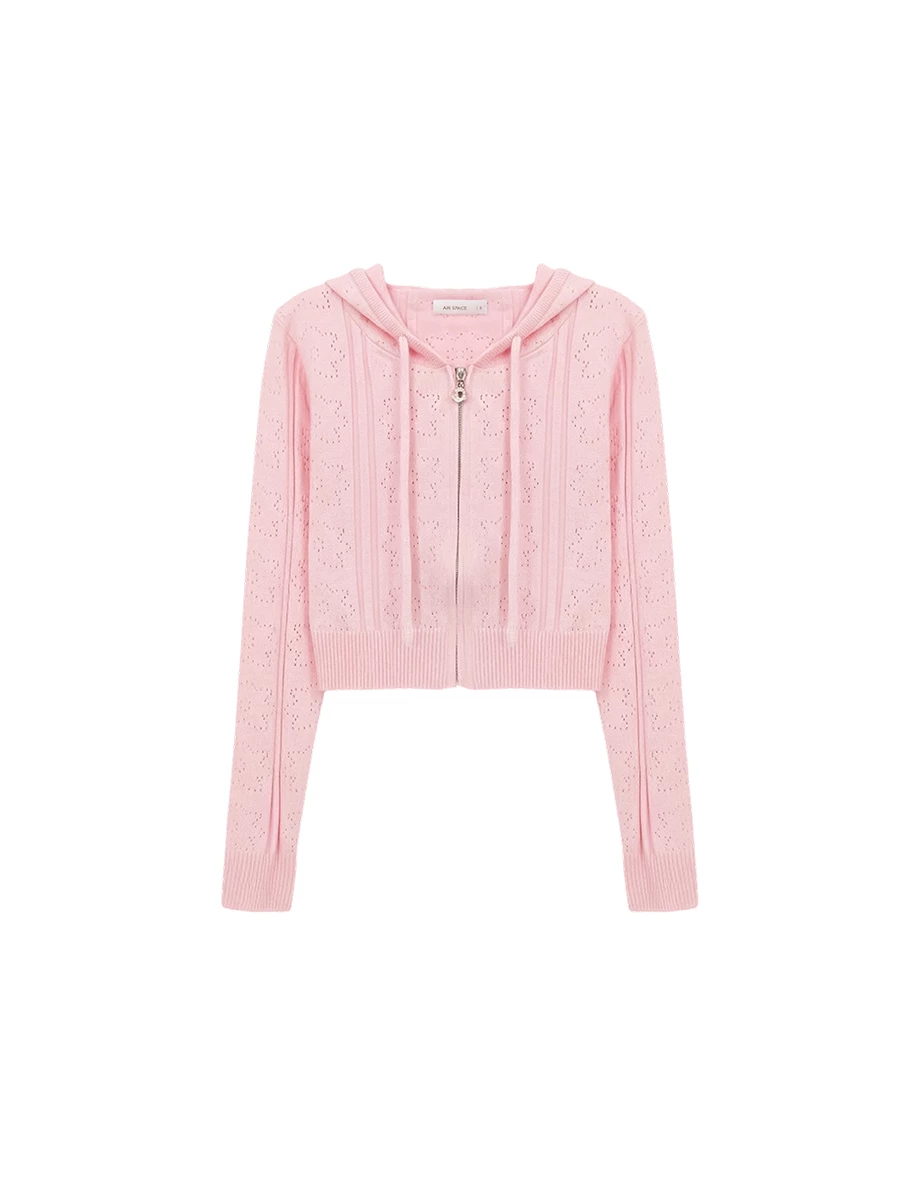 鏤空小花織紋長袖短版連帽拉鍊針織外套