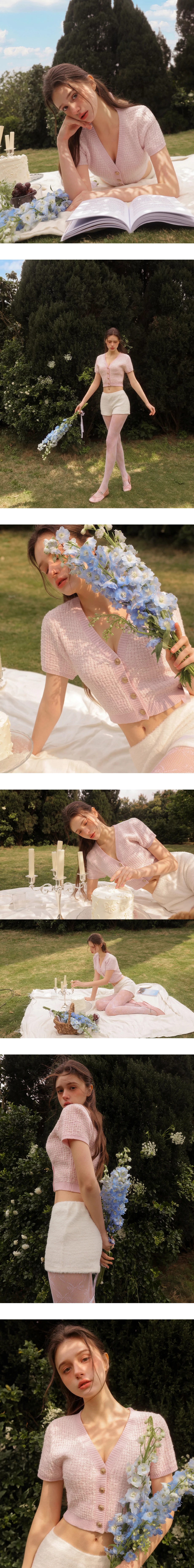 小香風V領金扣短袖短版開襟針織衫