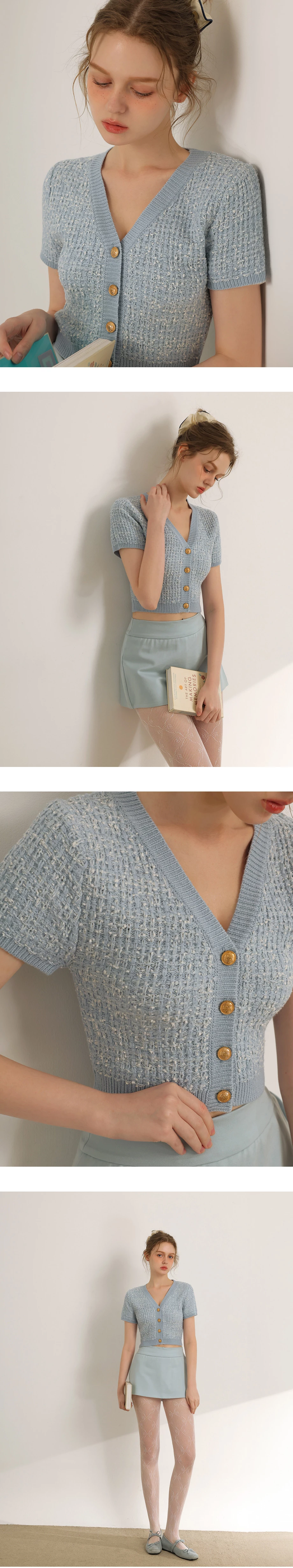 小香風V領金扣短袖短版開襟針織衫