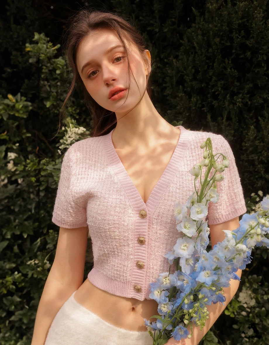 V Neck Gold Button Textured Tweed Knit Top