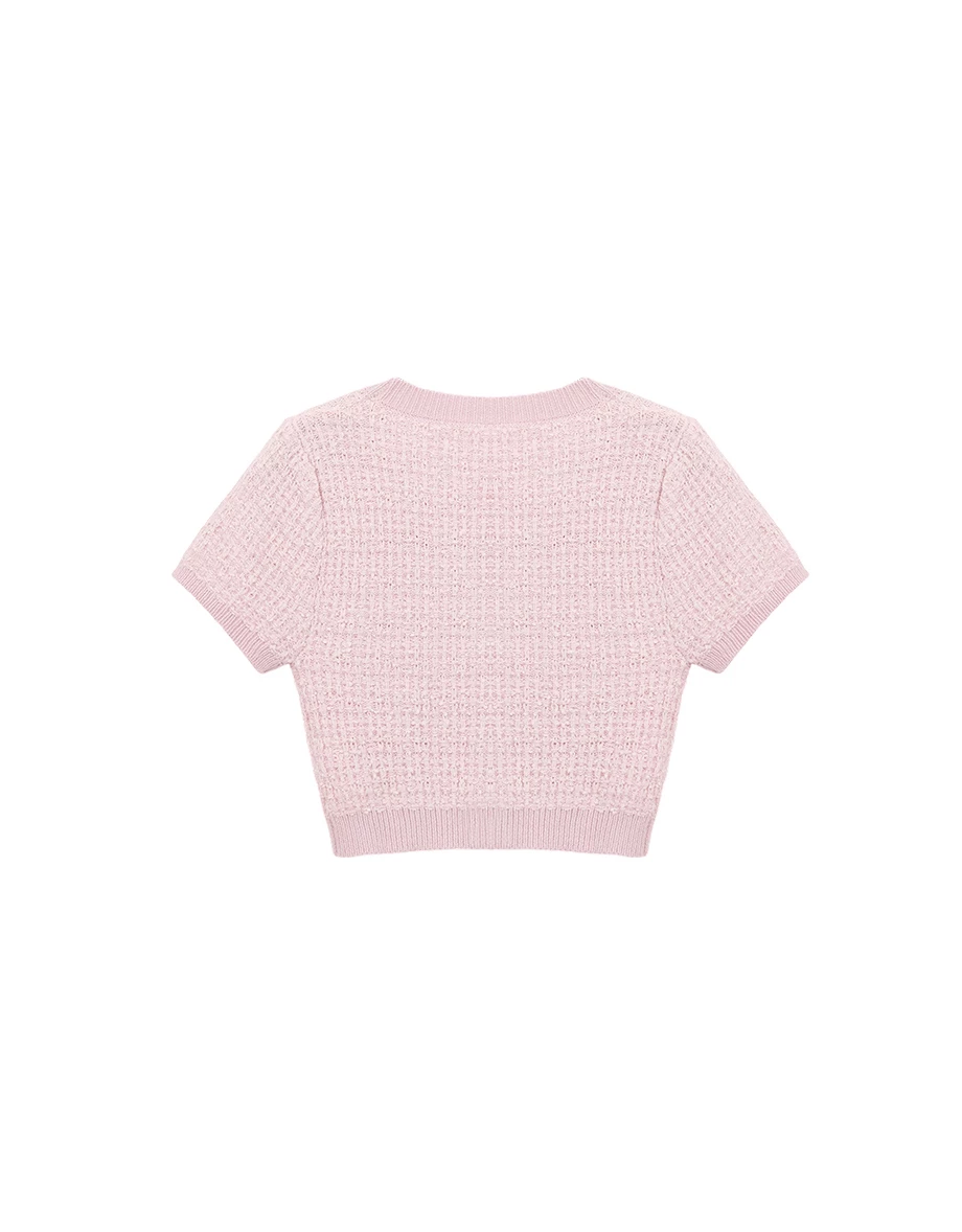 小香風V領金扣短袖短版開襟針織衫