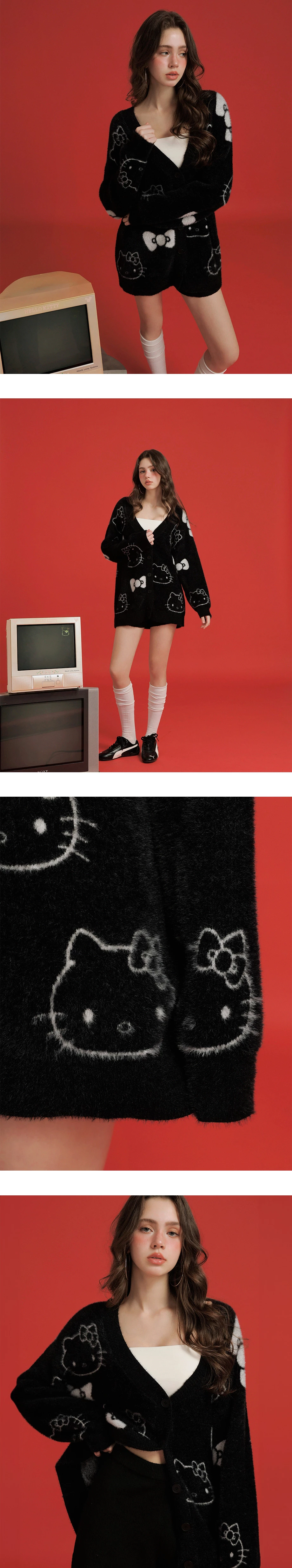 【Hello Kitty Collaboration】All Over Print Jacquard V Neck Fuzzy Knit Cardigan 【Hello Kitty Collaboration】All Over Print Jacquard V Neck Fuzzy Knit Cardigan