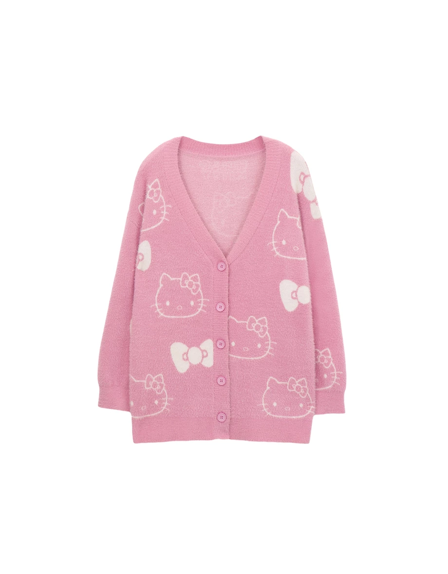 【Hello Kitty Collaboration】All Over Print Jacquard V Neck Fuzzy Knit Cardigan