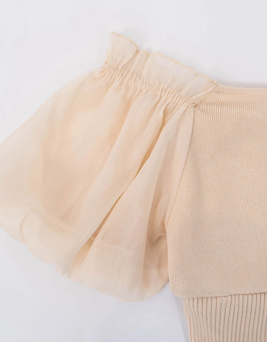 2WAY 方領荷葉邊排扣抓皺綁帶澎袖羅紋收腰短版雪紡上衣(附胸墊)