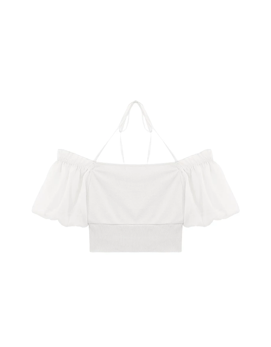 2WAY 方領荷葉邊排扣抓皺綁帶澎袖羅紋收腰短版雪紡上衣(附胸墊)