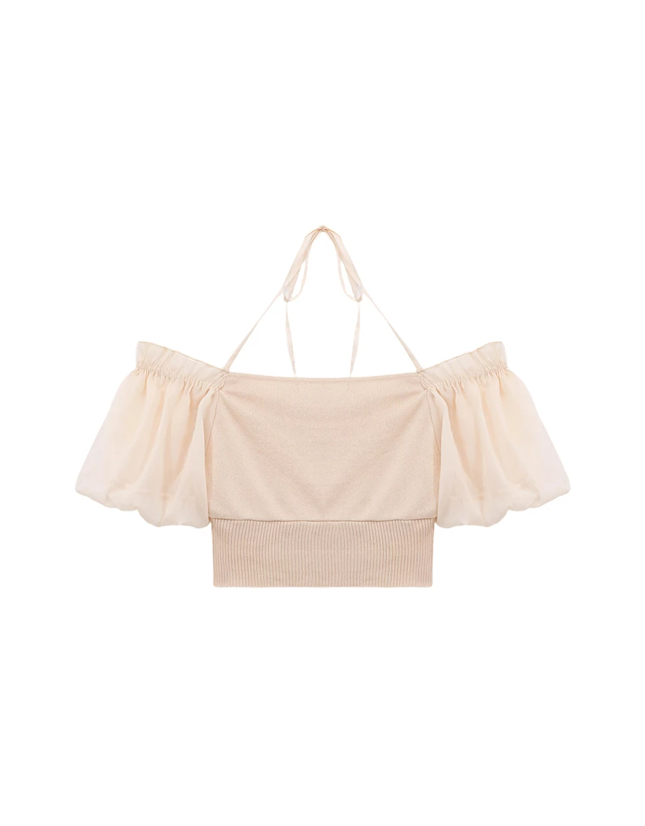 2WAY 方領荷葉邊排扣抓皺綁帶澎袖羅紋收腰短版雪紡上衣(附胸墊)