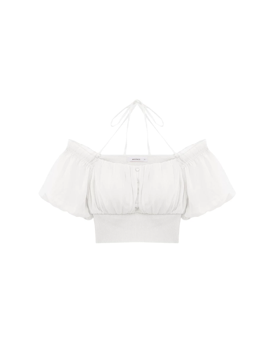 2WAY 方領荷葉邊排扣抓皺綁帶澎袖羅紋收腰短版雪紡上衣(附胸墊)