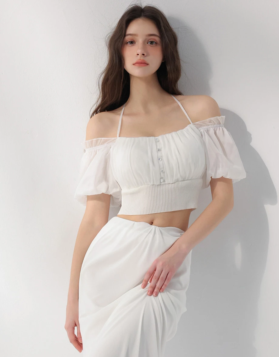 2WAY 方領荷葉邊排扣抓皺綁帶澎袖羅紋收腰短版雪紡上衣(附胸墊)