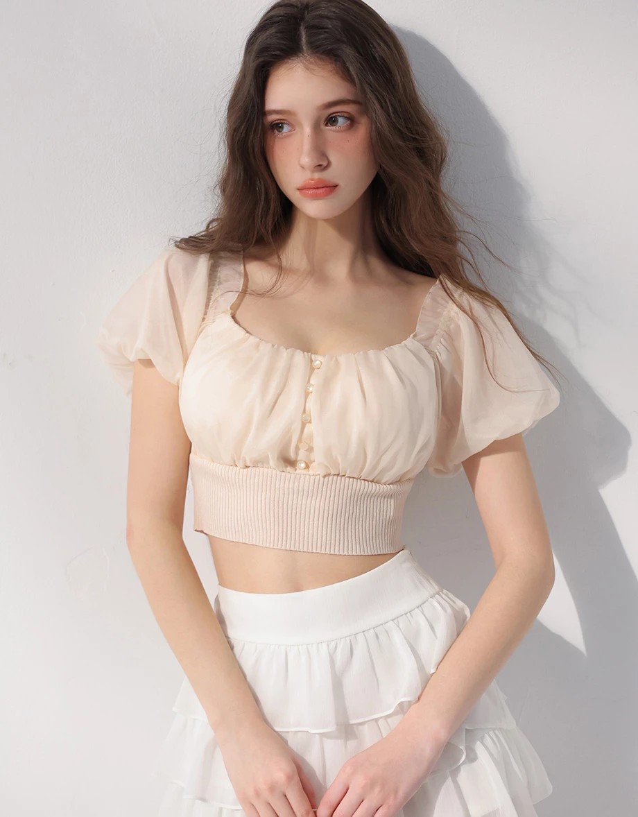 2WAY 方領荷葉邊排扣抓皺綁帶澎袖羅紋收腰短版雪紡上衣(附胸墊)