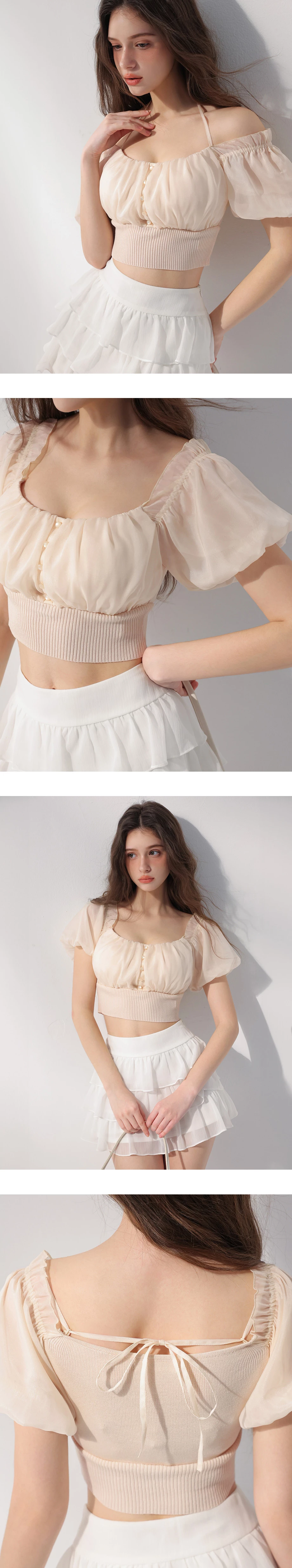 2WAY 方領荷葉邊排扣抓皺綁帶澎袖羅紋收腰短版雪紡上衣(附胸墊)