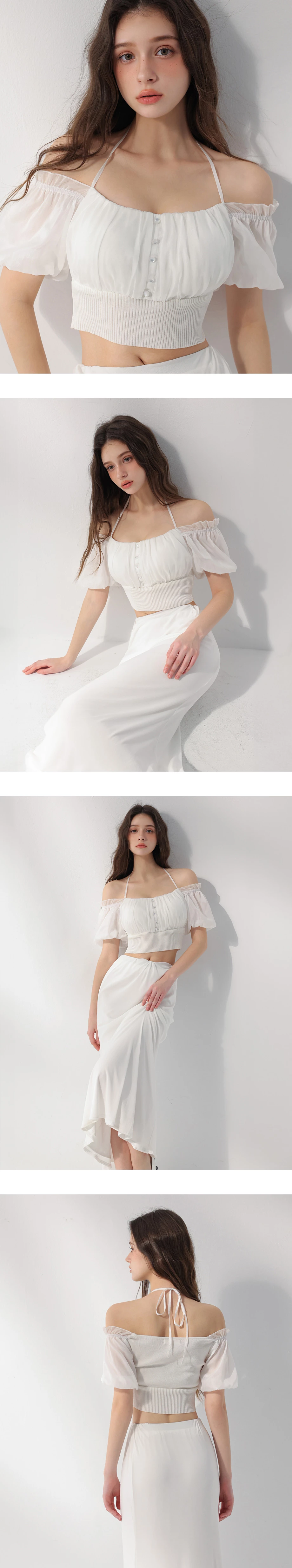 2WAY 方領荷葉邊排扣抓皺綁帶澎袖羅紋收腰短版雪紡上衣(附胸墊)