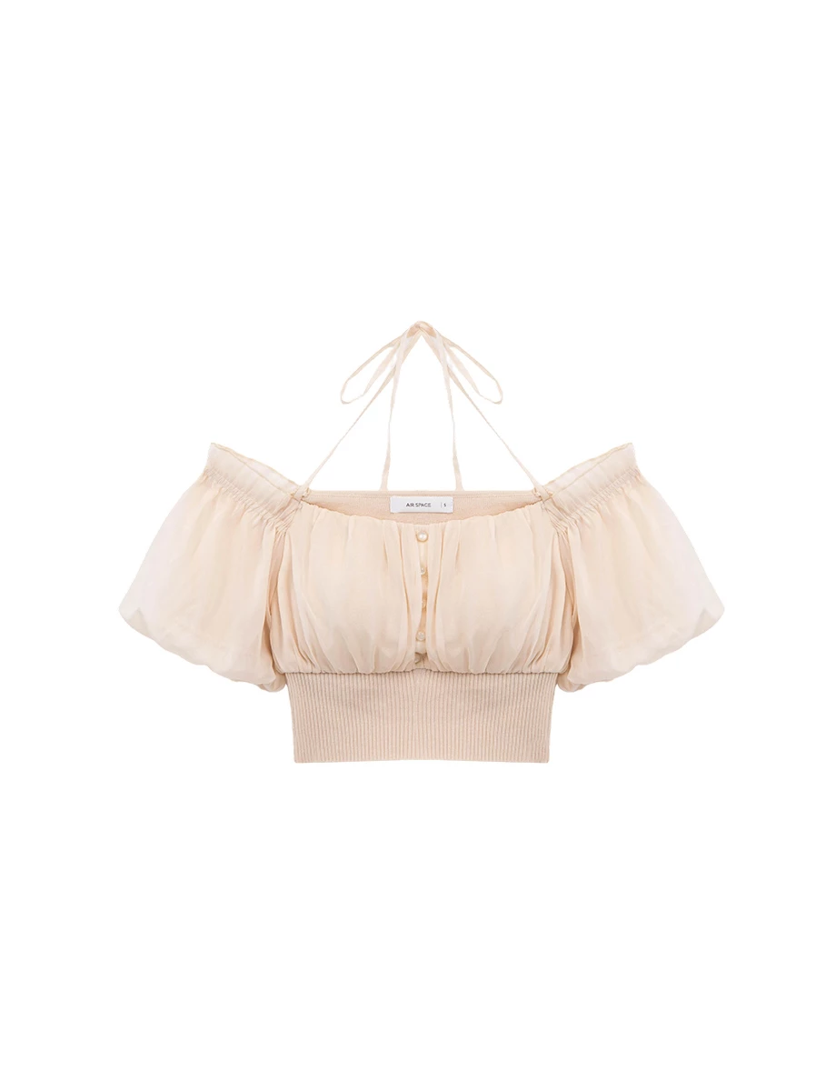 2WAY 方領荷葉邊排扣抓皺綁帶澎袖羅紋收腰短版雪紡上衣(附胸墊)