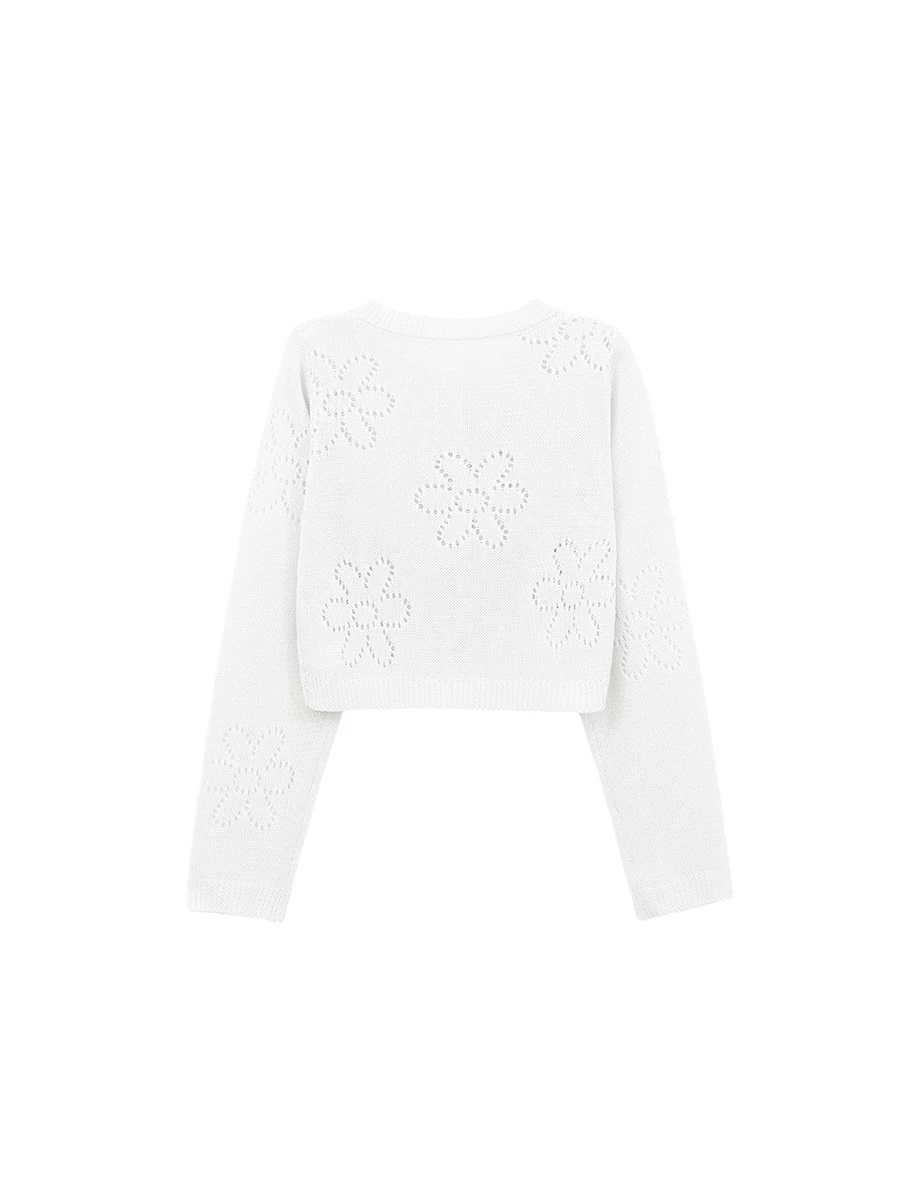 圓領長袖鏤空花樣短版排扣開襟針織衫