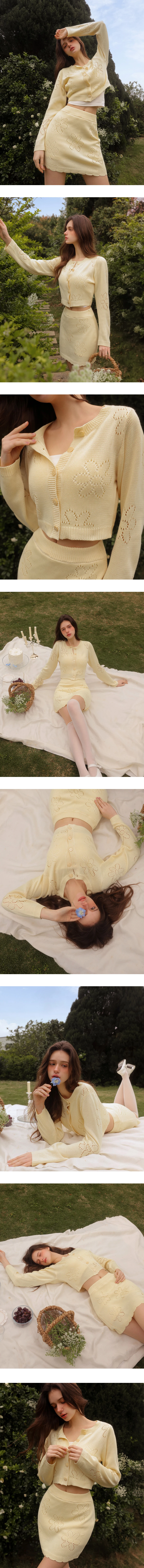 圓領長袖鏤空花樣短版排扣開襟針織衫