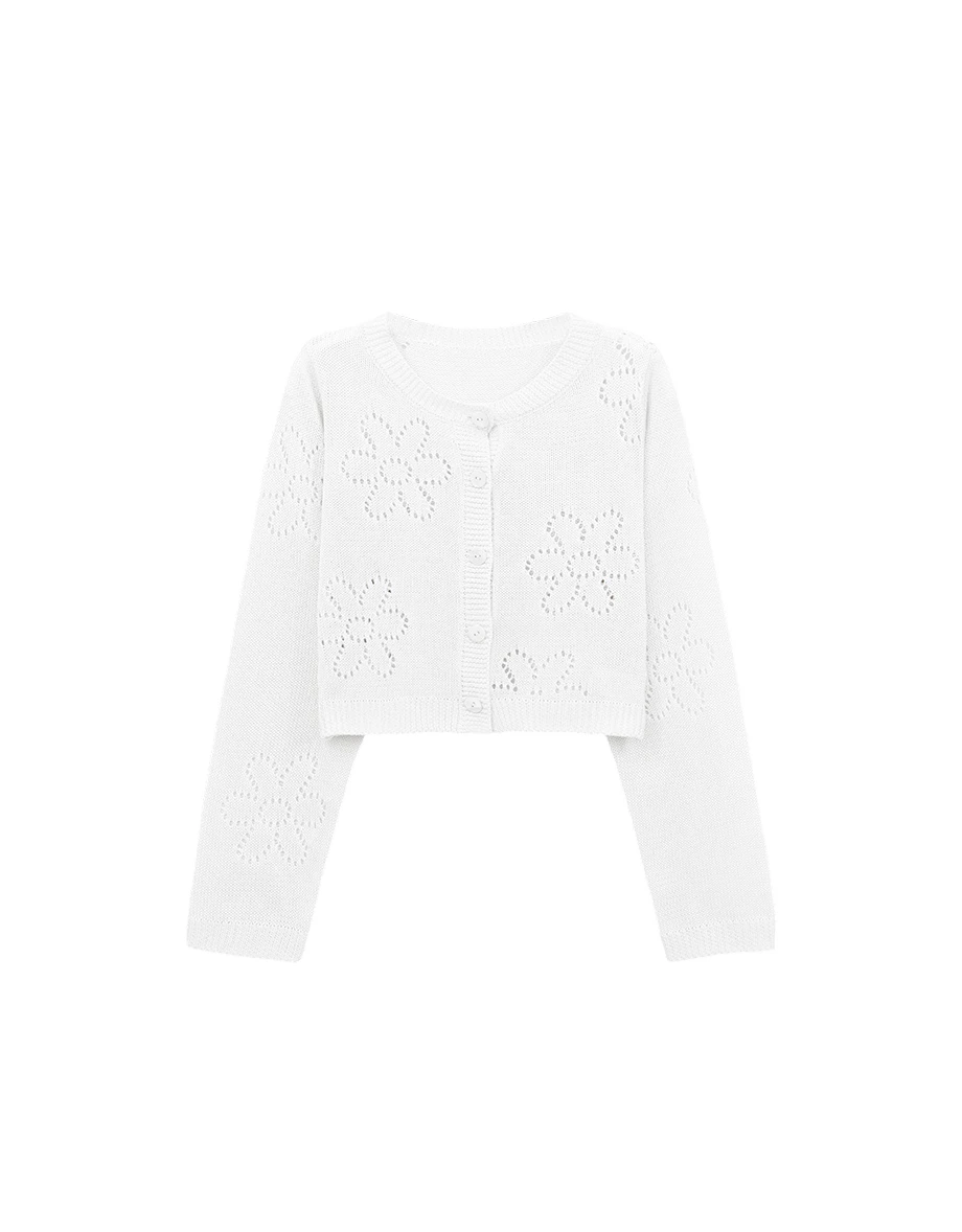 圓領長袖鏤空花樣短版排扣開襟針織衫