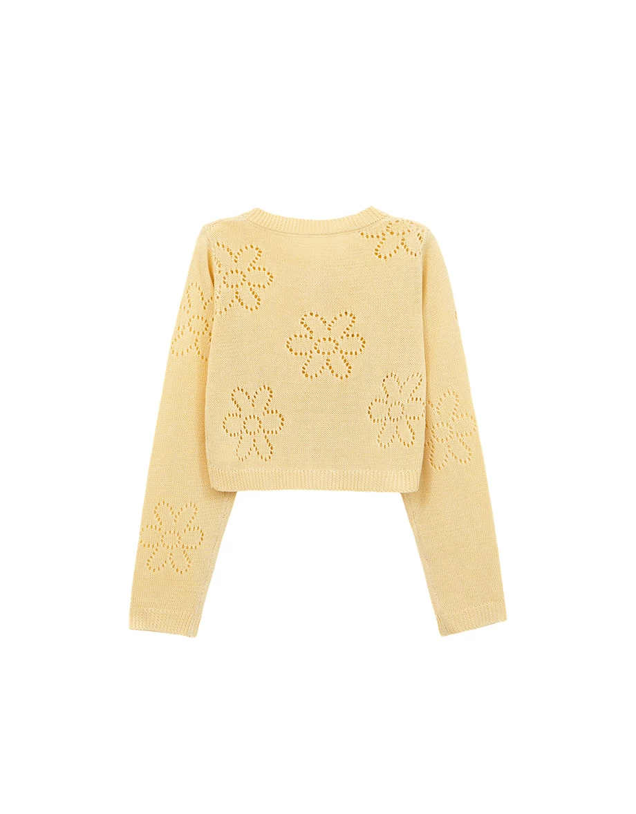 圓領長袖鏤空花樣短版排扣開襟針織衫