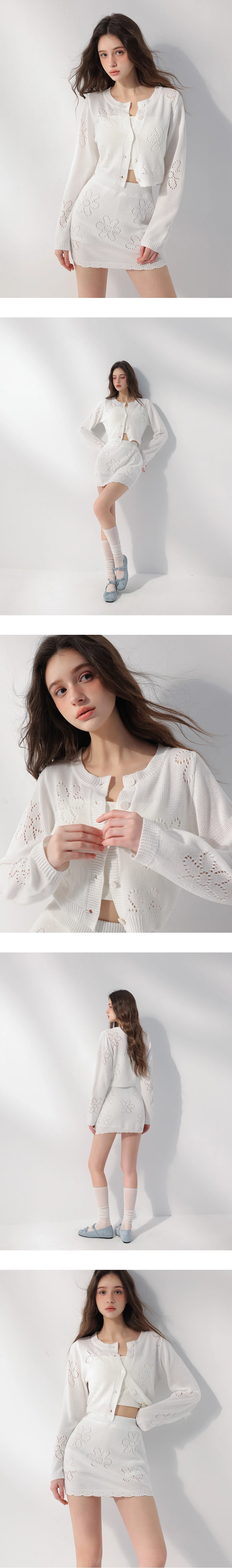 圓領長袖鏤空花樣短版排扣開襟針織衫