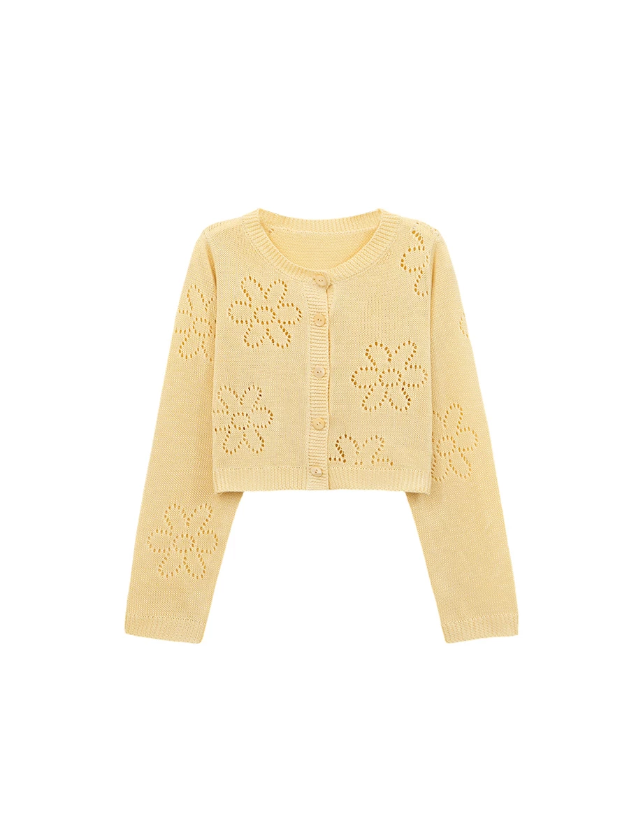 圓領長袖鏤空花樣短版排扣開襟針織衫