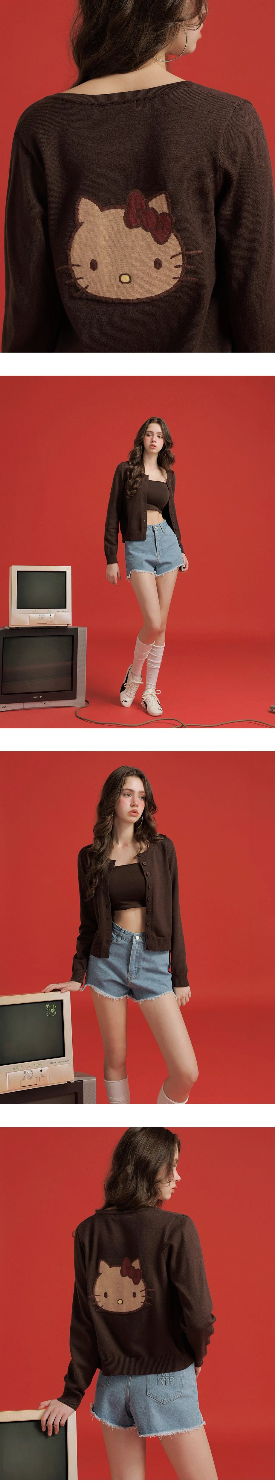 【Hello Kitty Collaboration】Back Jacquard Button Front Knit Cardigan