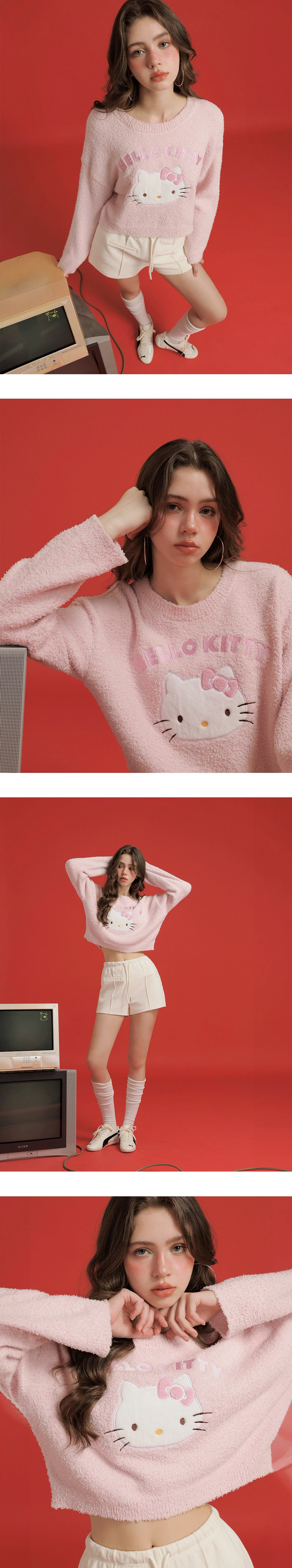【Hello Kitty Collaboration】Appliqué Patch Oversized Plush Sweater