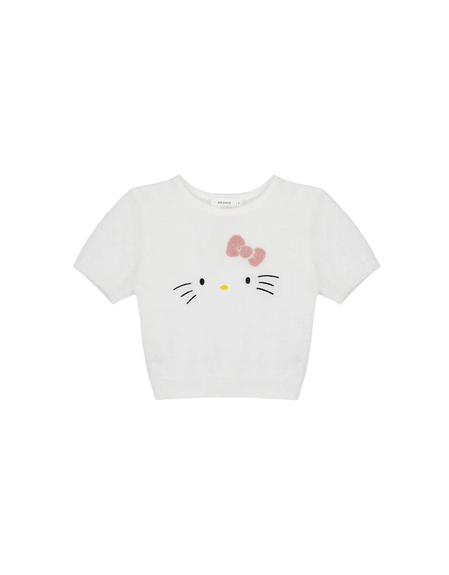 【Hello Kitty Collaboration】Fluffy Knit Short Sleeve Crop Top
