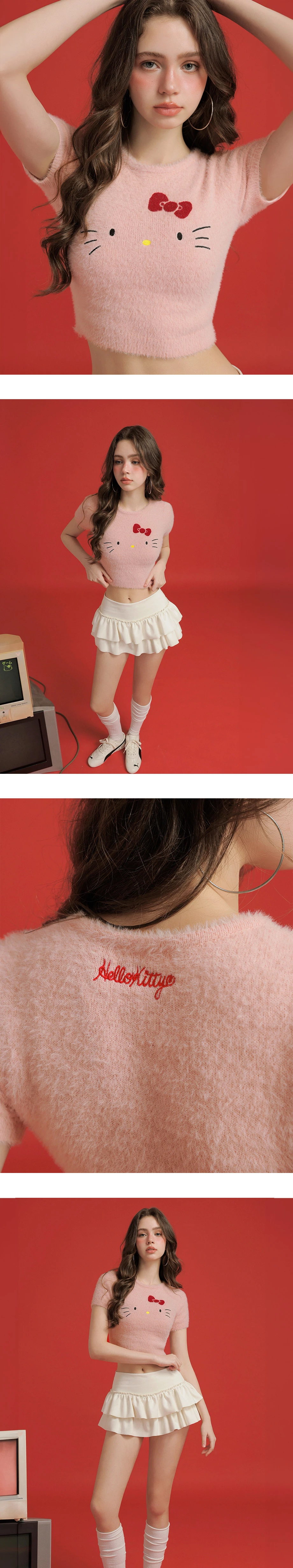 【Hello Kitty Collaboration】Fluffy Knit Short Sleeve Crop Top 【Hello Kitty Collaboration】Fluffy Knit Short Sleeve Crop Top