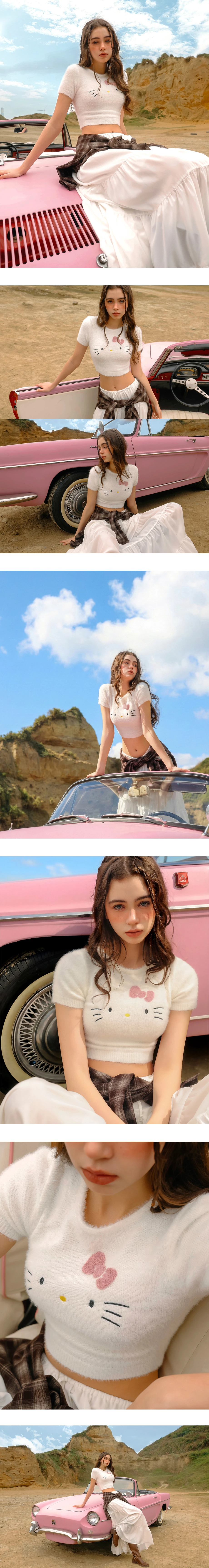 【Hello Kitty Collaboration】Fluffy Knit Short Sleeve Crop Top