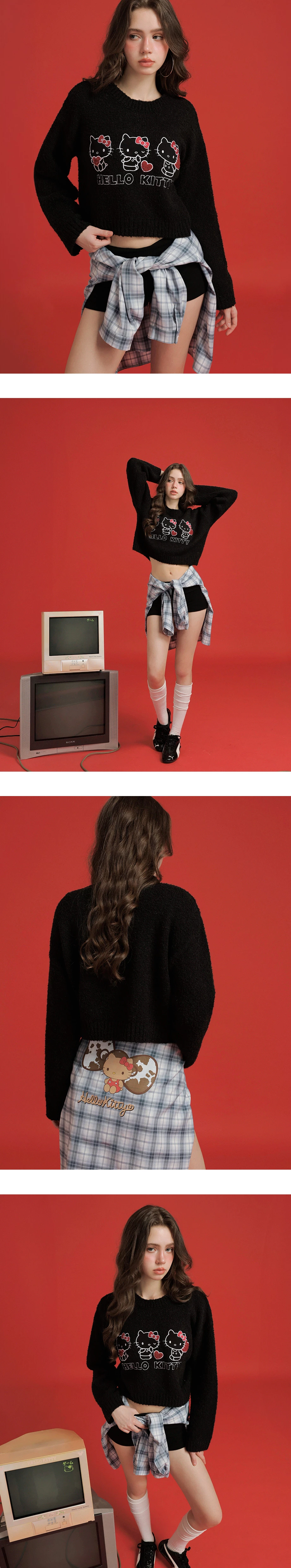 【Hello Kitty Collaboration】Appliqué Patch Long Sleeve Crop Sweater 【Hello Kitty Collaboration】Appliqué Patch Long Sleeve Crop Sweater