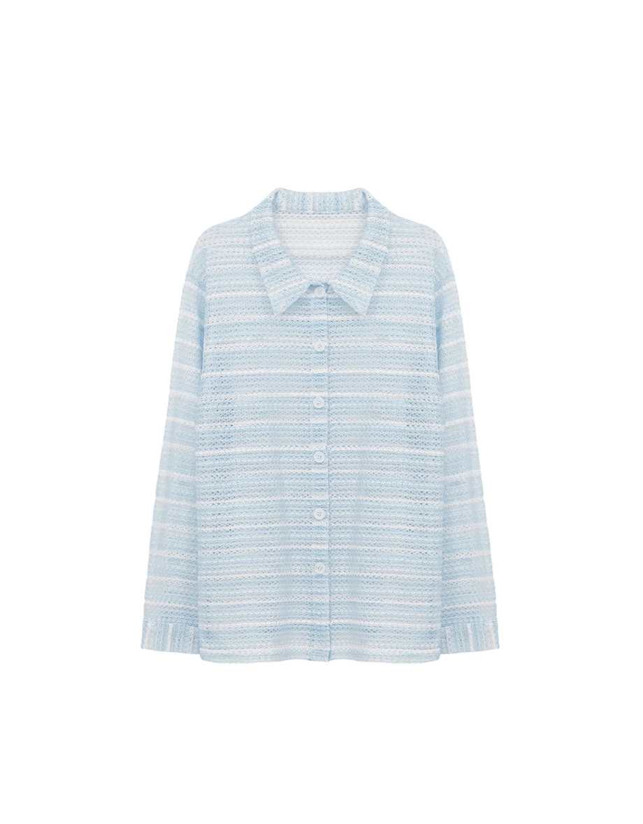 條紋鏤空編織長袖寬版外罩襯衫