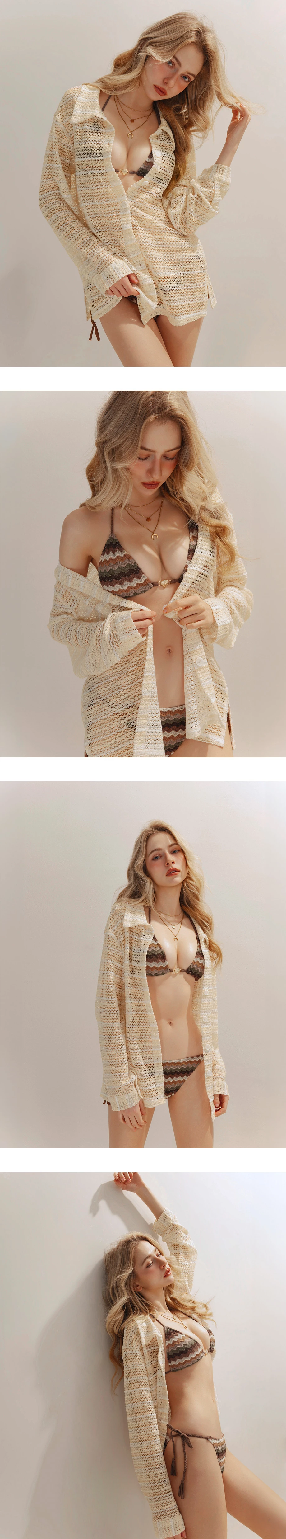 條紋鏤空編織長袖寬版外罩襯衫 條紋鏤空編織長袖寬版外罩襯衫