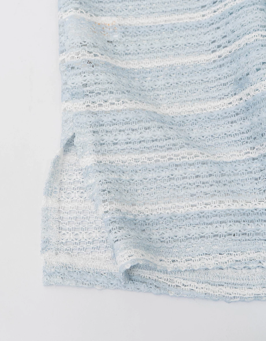 條紋鏤空編織長袖寬版外罩襯衫