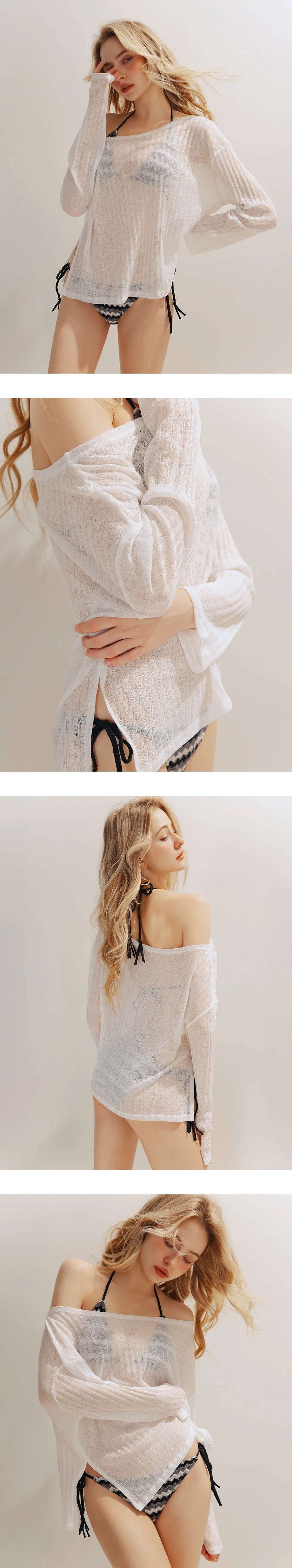 一字領長袖寬版竹節紋外罩上衣 一字領長袖寬版竹節紋外罩上衣