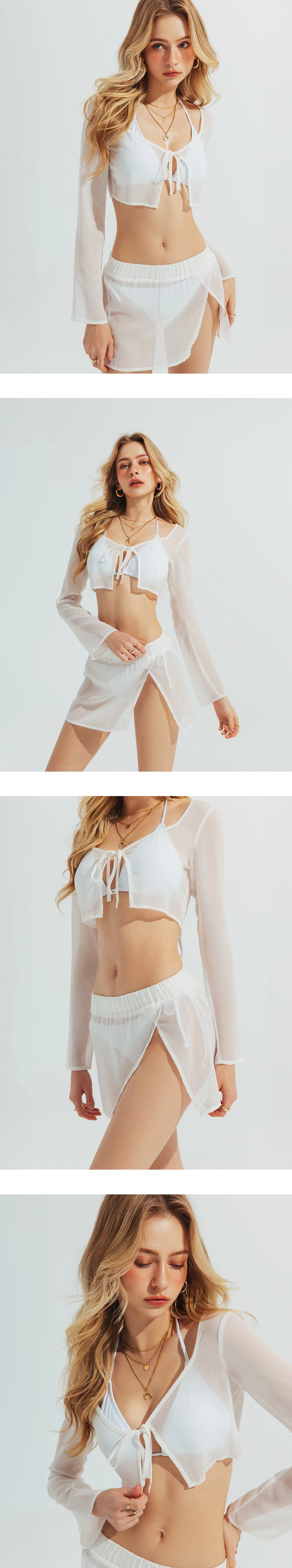 鬆緊腰交疊開衩透膚外搭短裙