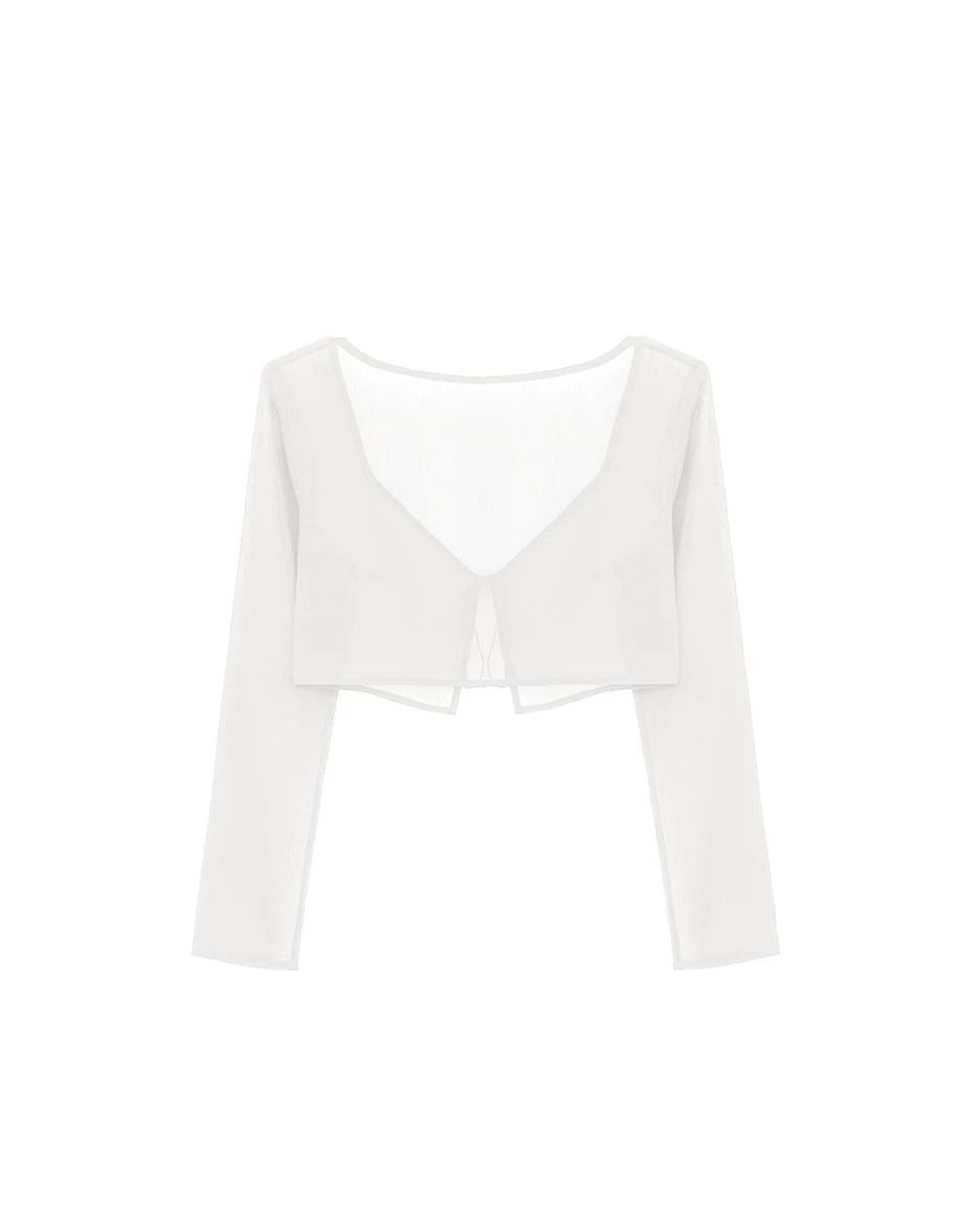 V領綁帶長袖短版透膚外搭罩衫