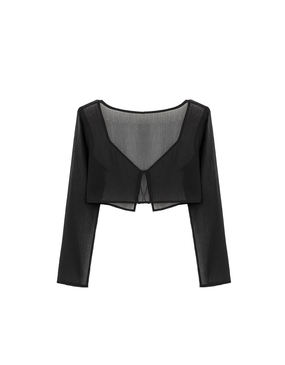 V領綁帶長袖短版透膚外搭罩衫