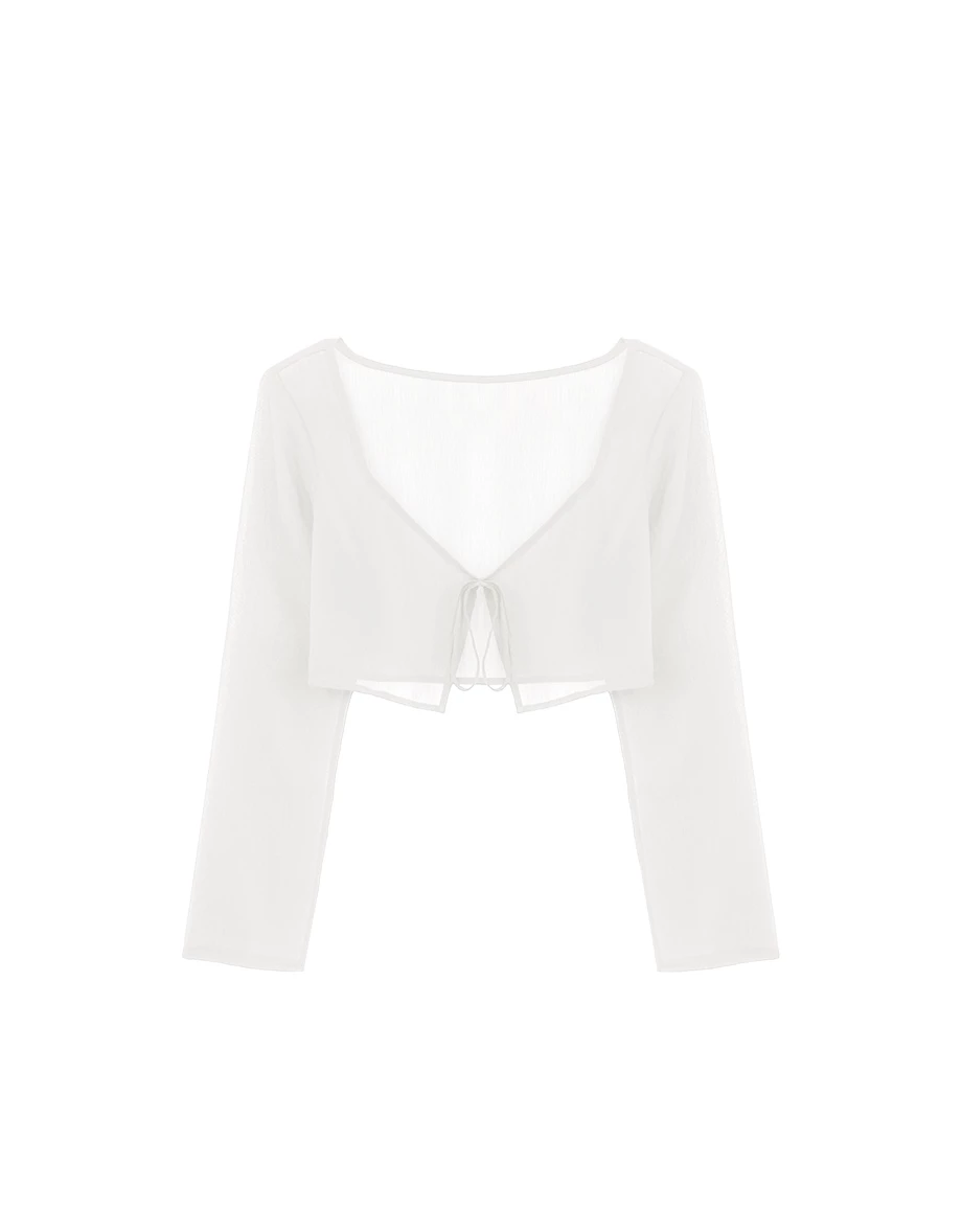 V領綁帶長袖短版透膚外搭罩衫