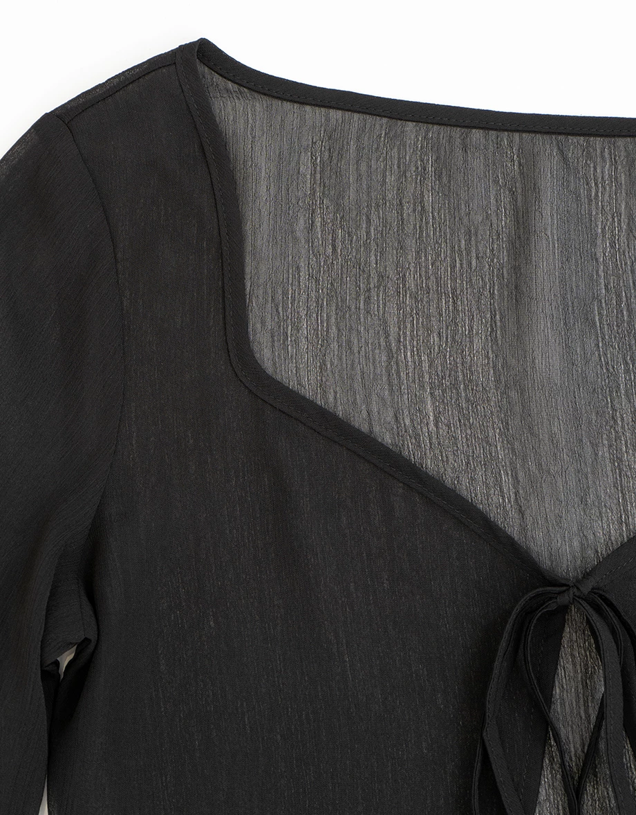 V領綁帶長袖短版透膚外搭罩衫