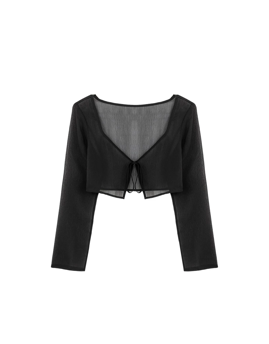 V領綁帶長袖短版透膚外搭罩衫