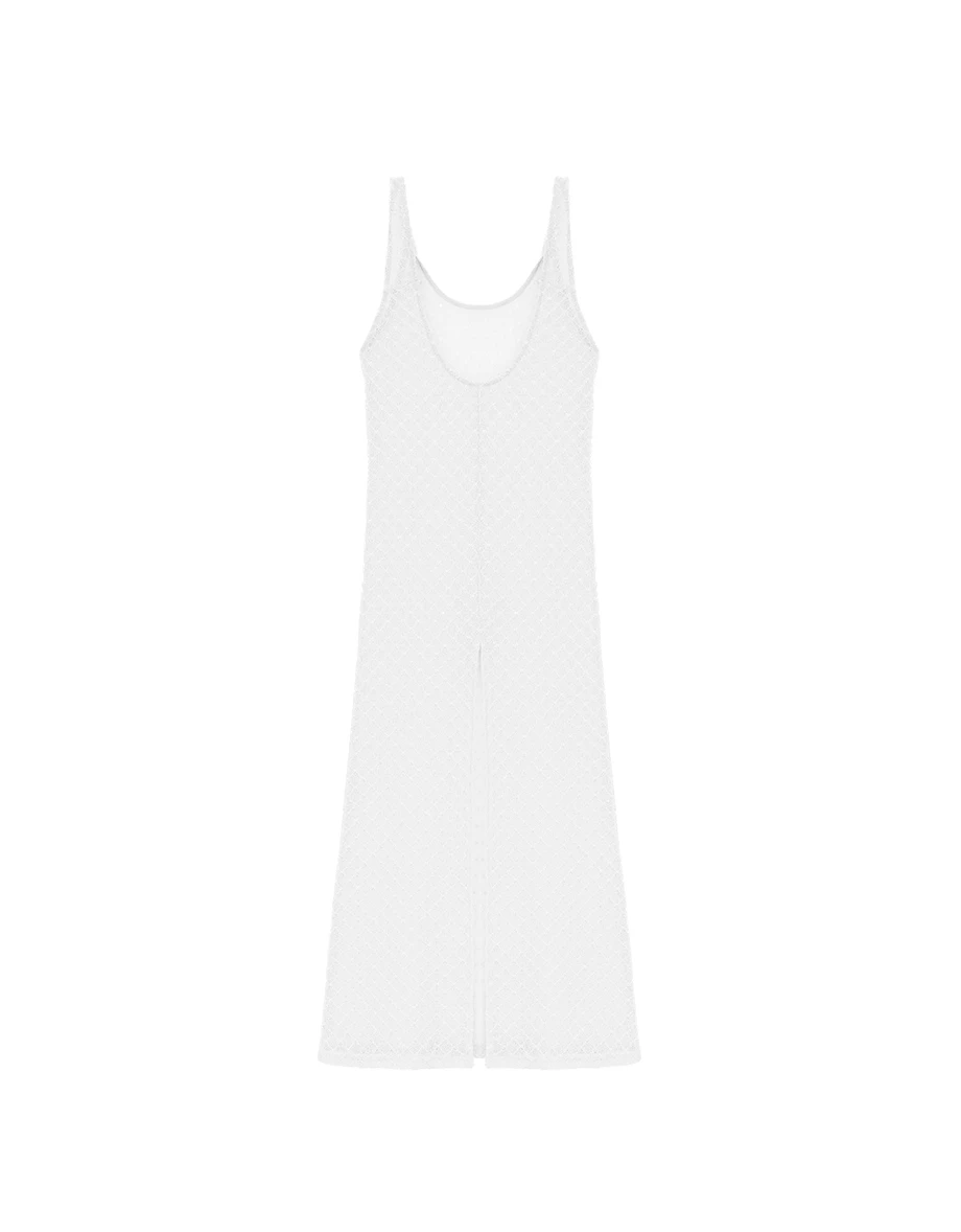 扭結肩帶後開衩菱格鏤空針織外罩背心長洋裝