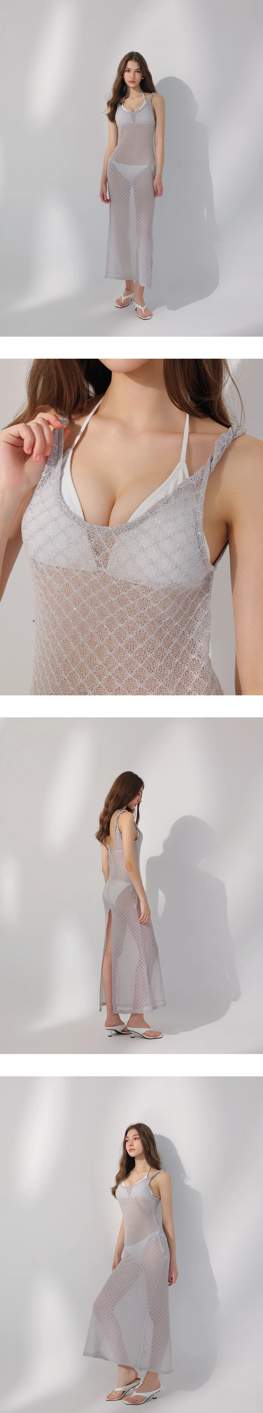 扭結肩帶後開衩菱格鏤空針織外罩背心長洋裝