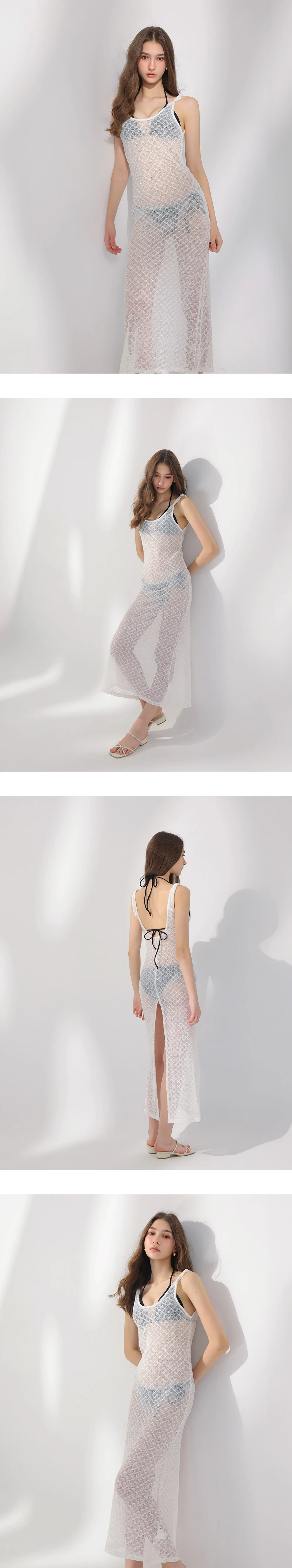 扭結肩帶後開衩菱格鏤空針織外罩背心長洋裝