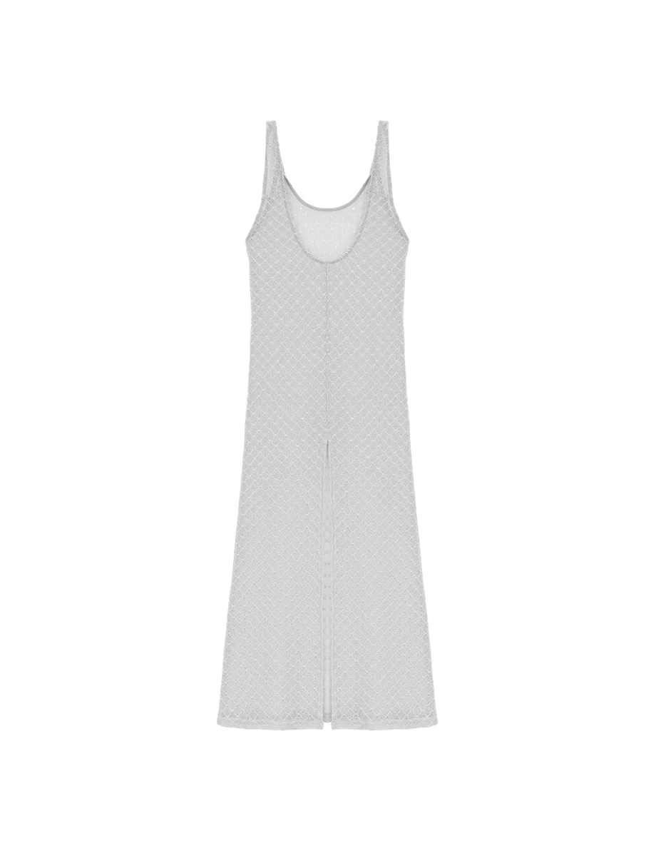 扭結肩帶後開衩菱格鏤空針織外罩背心長洋裝