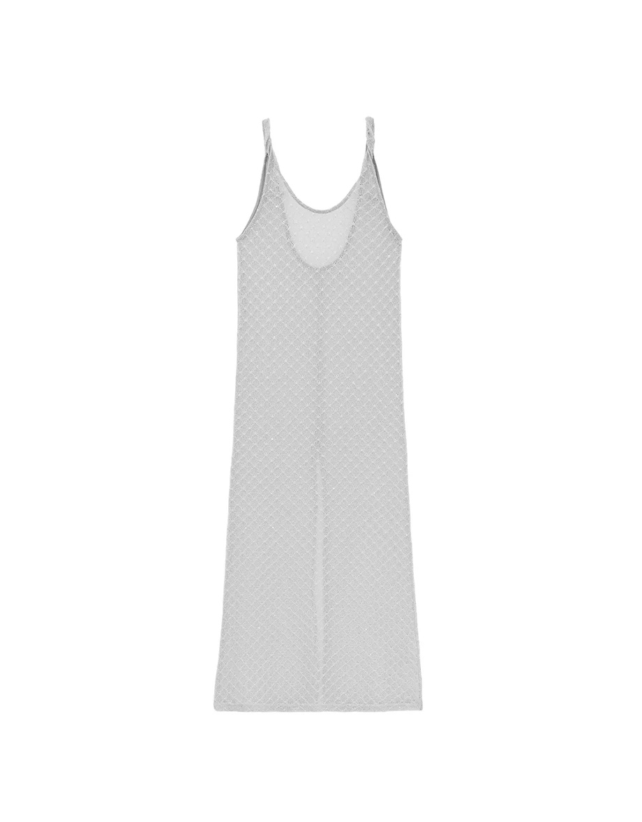 扭結肩帶後開衩菱格鏤空針織外罩背心長洋裝