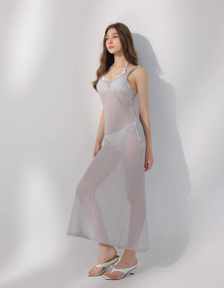 扭結肩帶後開衩菱格鏤空針織外罩背心長洋裝