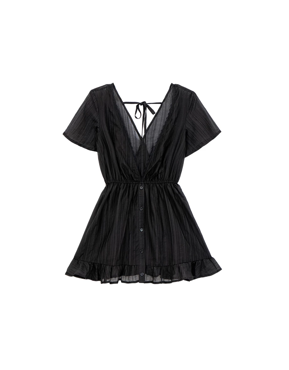 V領蕾絲花邊排扣開襟美背綁帶外罩荷葉裙擺短洋裝 V領蕾絲花邊排扣開襟美背綁帶外罩荷葉裙擺短洋裝