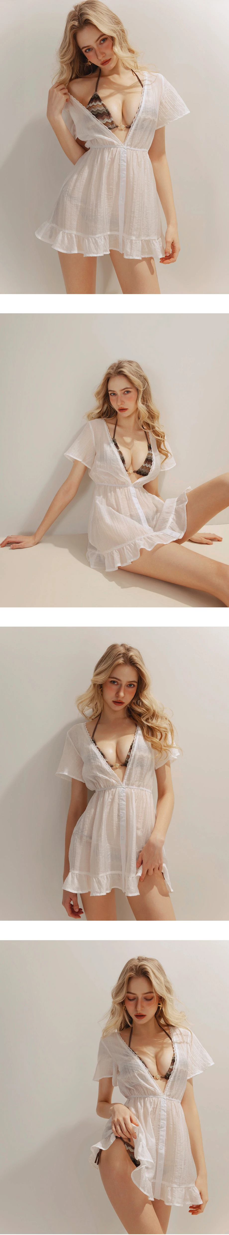 V領蕾絲花邊排扣開襟美背綁帶外罩荷葉裙擺短洋裝 V領蕾絲花邊排扣開襟美背綁帶外罩荷葉裙擺短洋裝