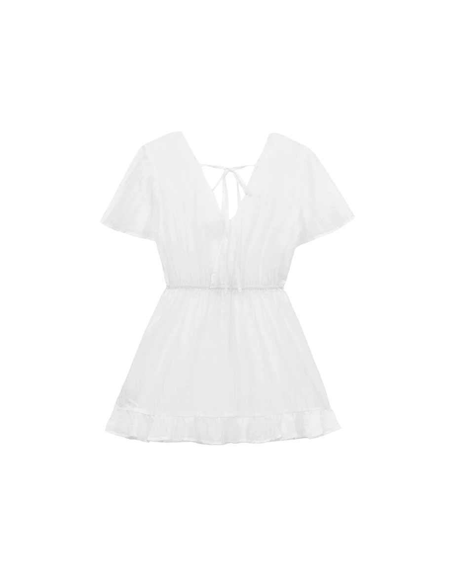 V領蕾絲花邊排扣開襟美背綁帶外罩荷葉裙擺短洋裝