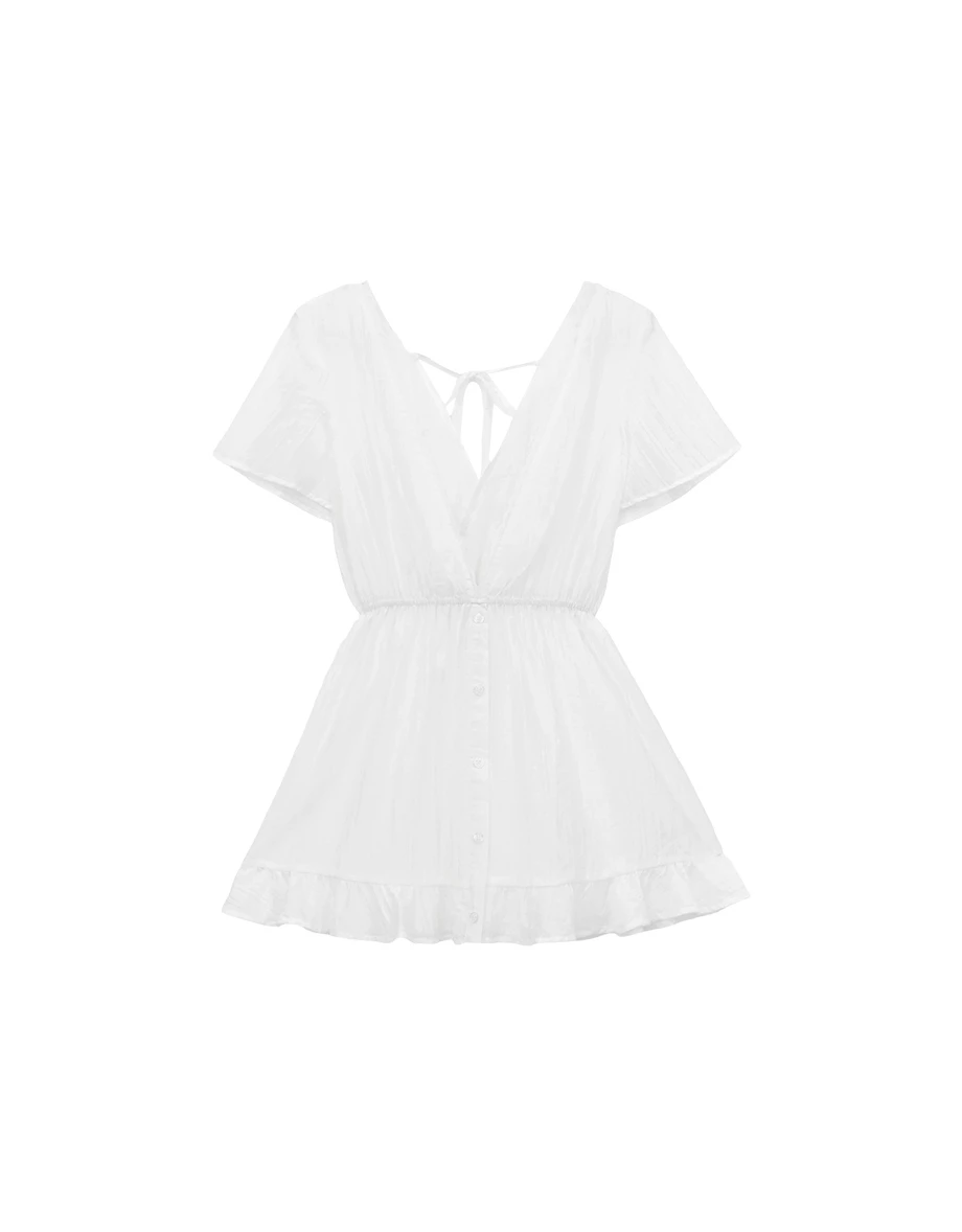 V領蕾絲花邊排扣開襟美背綁帶外罩荷葉裙擺短洋裝