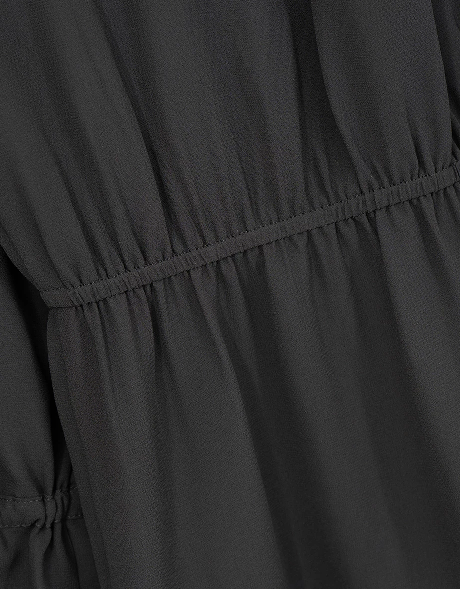 交叉開襟腰抽繩綁帶荷葉袖透膚外搭短洋裝