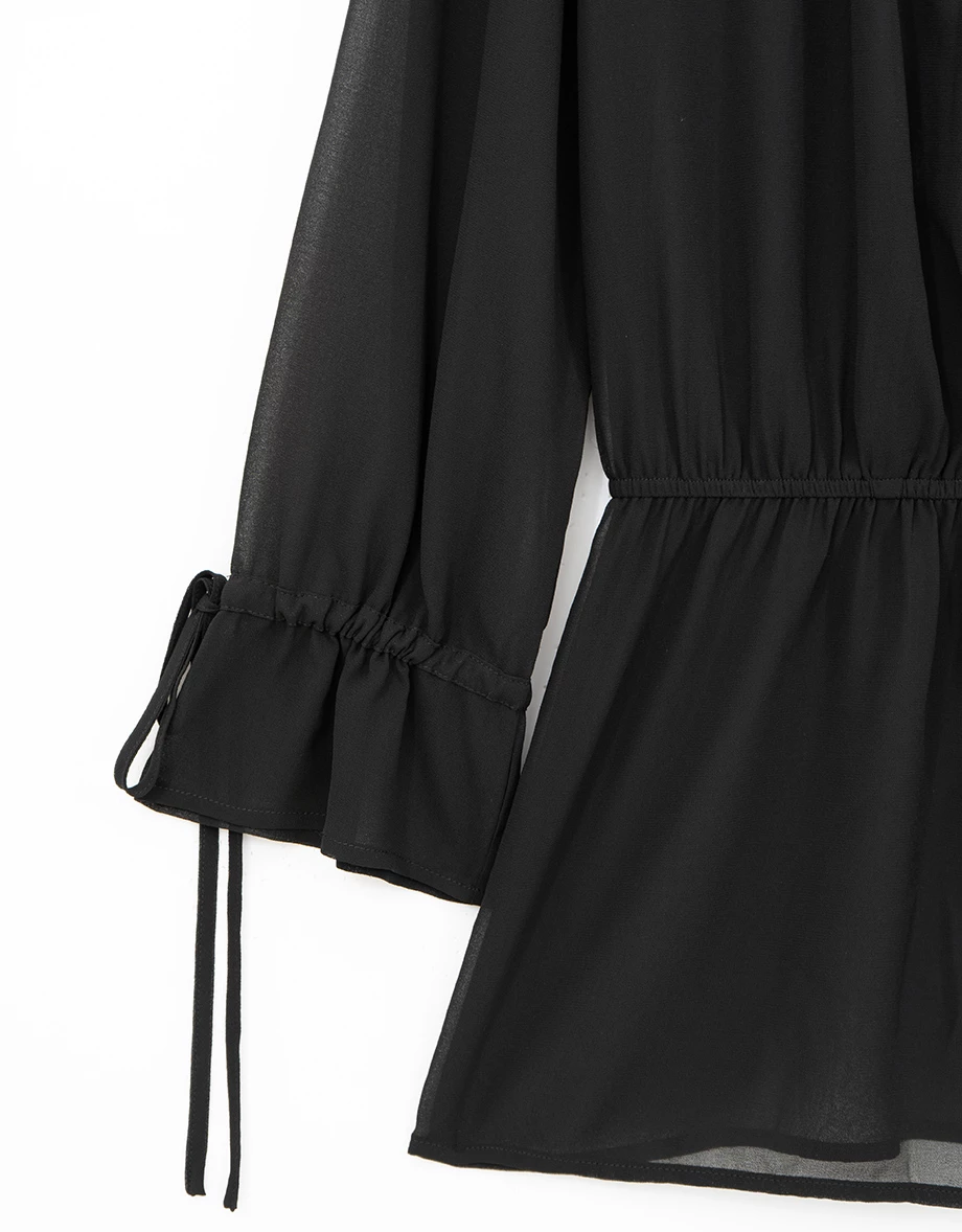 交叉開襟腰抽繩綁帶荷葉袖透膚外搭短洋裝